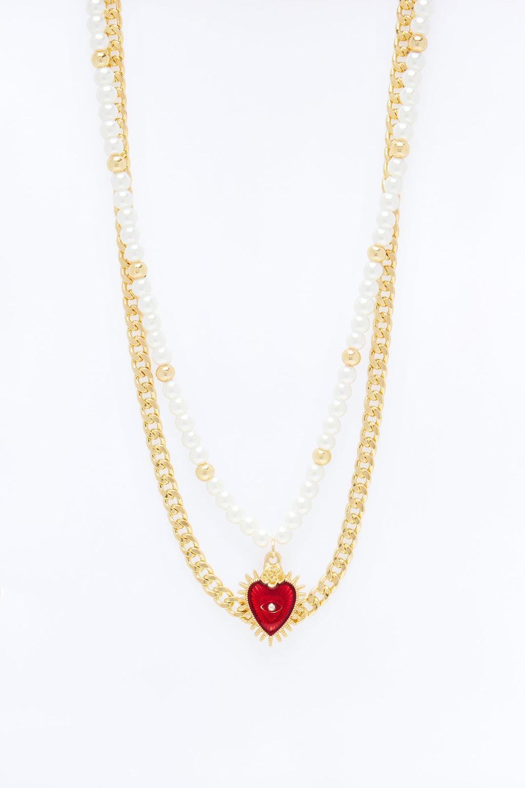 Sacred Heart Pearl And Cuban Necklace Set - Gold
