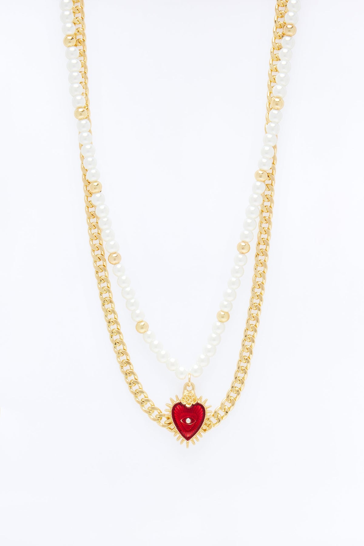 Sacred Heart Pearl And Cuban Necklace Set - Gold
