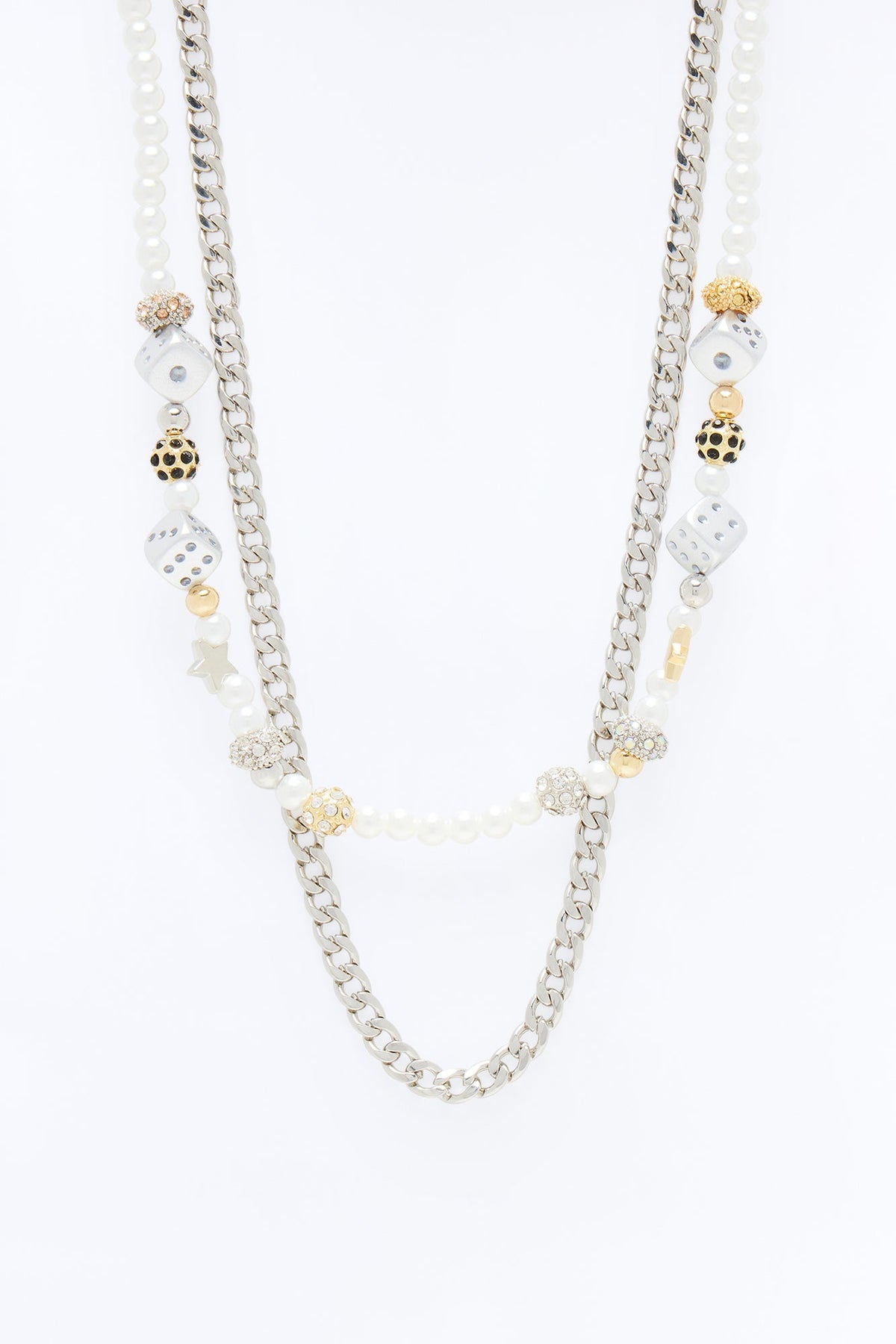 Solid Star Pearl Charm And Cuban Necklace Set - Silver