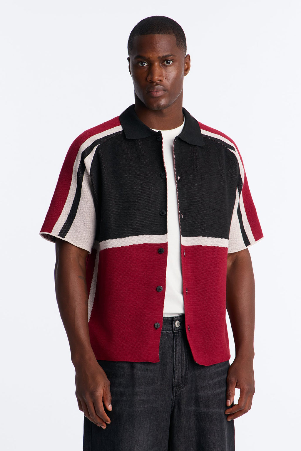 Chevron Paneled Stripe Button Up Shirt - Red/combo