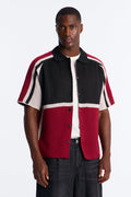 Chevron Paneled Stripe Button Up Shirt - Red/combo