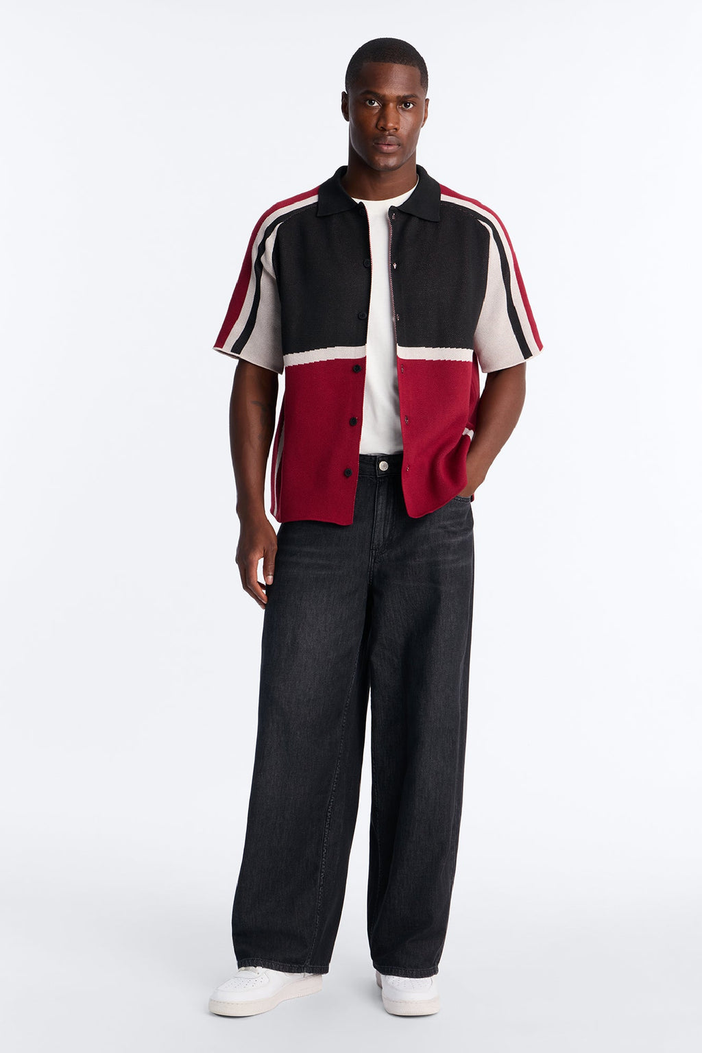 Chevron Paneled Stripe Button Up Shirt - Red/combo