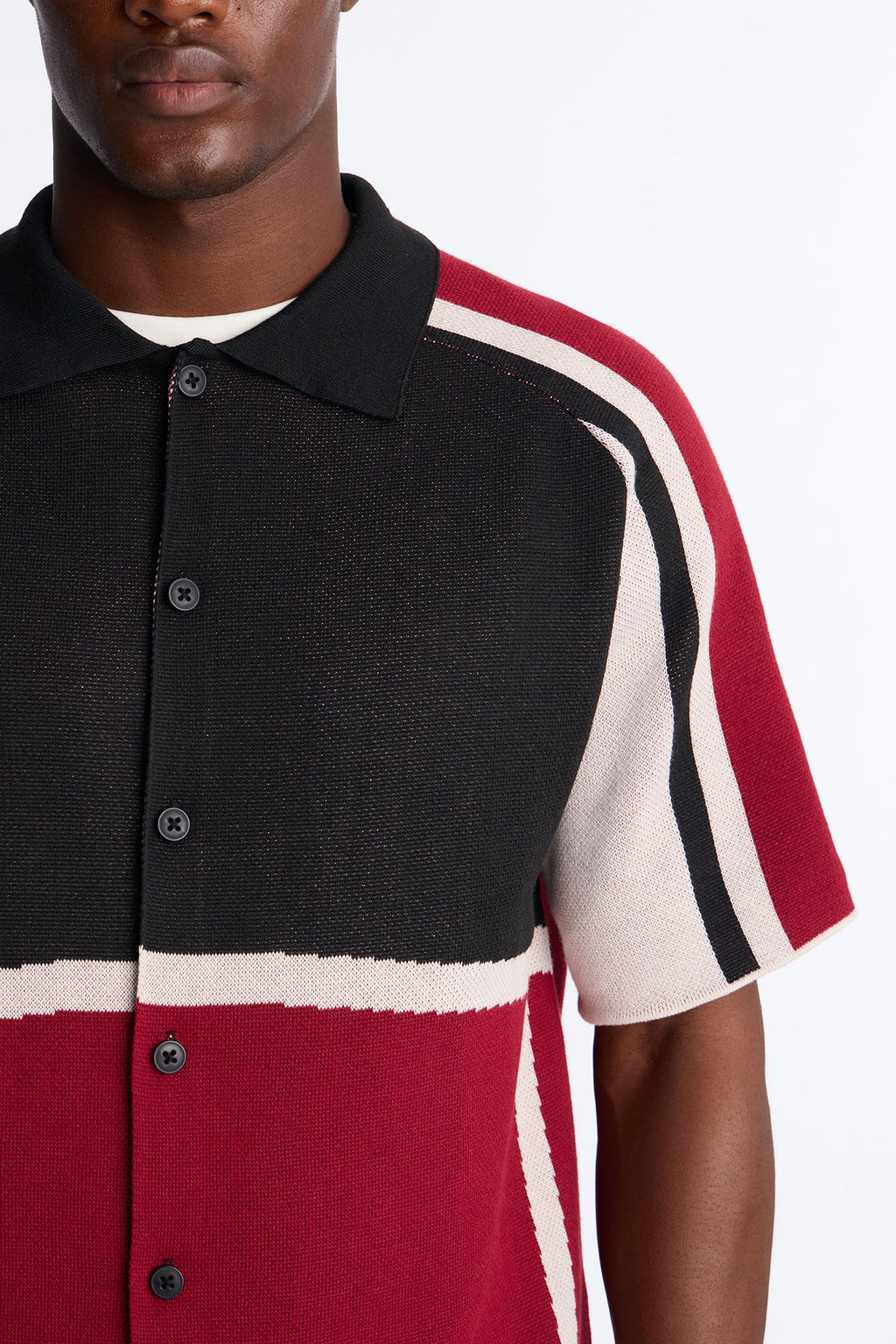 Chevron Paneled Stripe Button Up Shirt - Red/combo