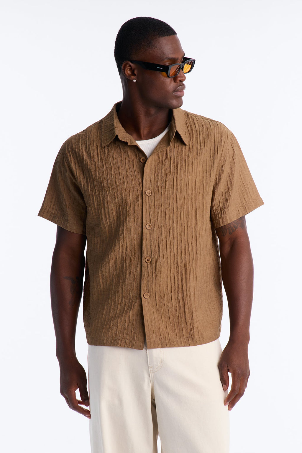 Crinkle Accordion Button Up Shirt - Brown