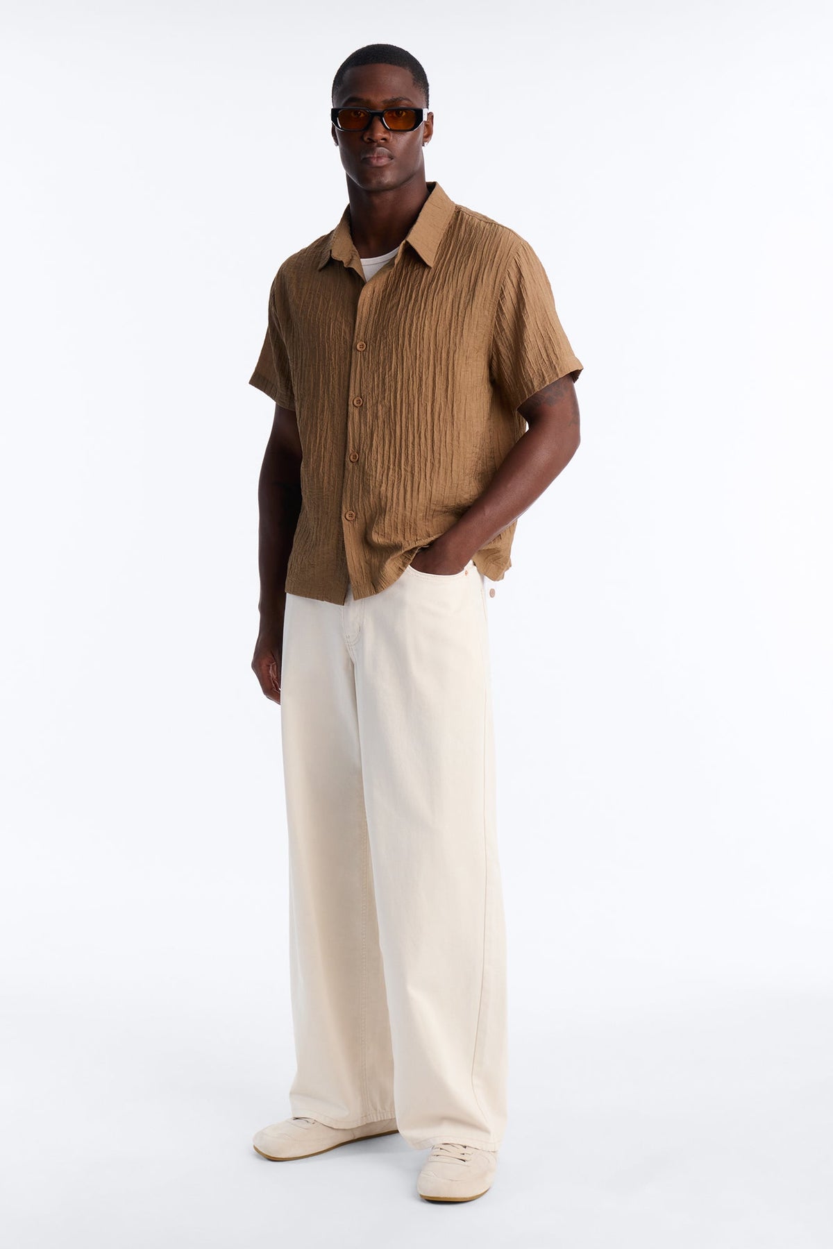 Crinkle Accordion Button Up Shirt - Brown