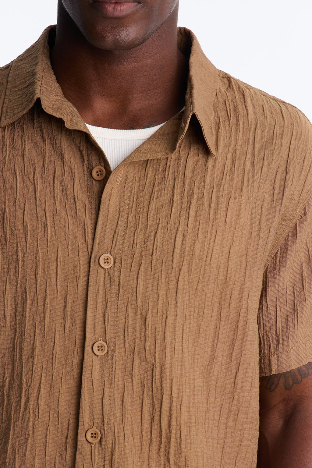 Crinkle Accordion Button Up Shirt - Brown