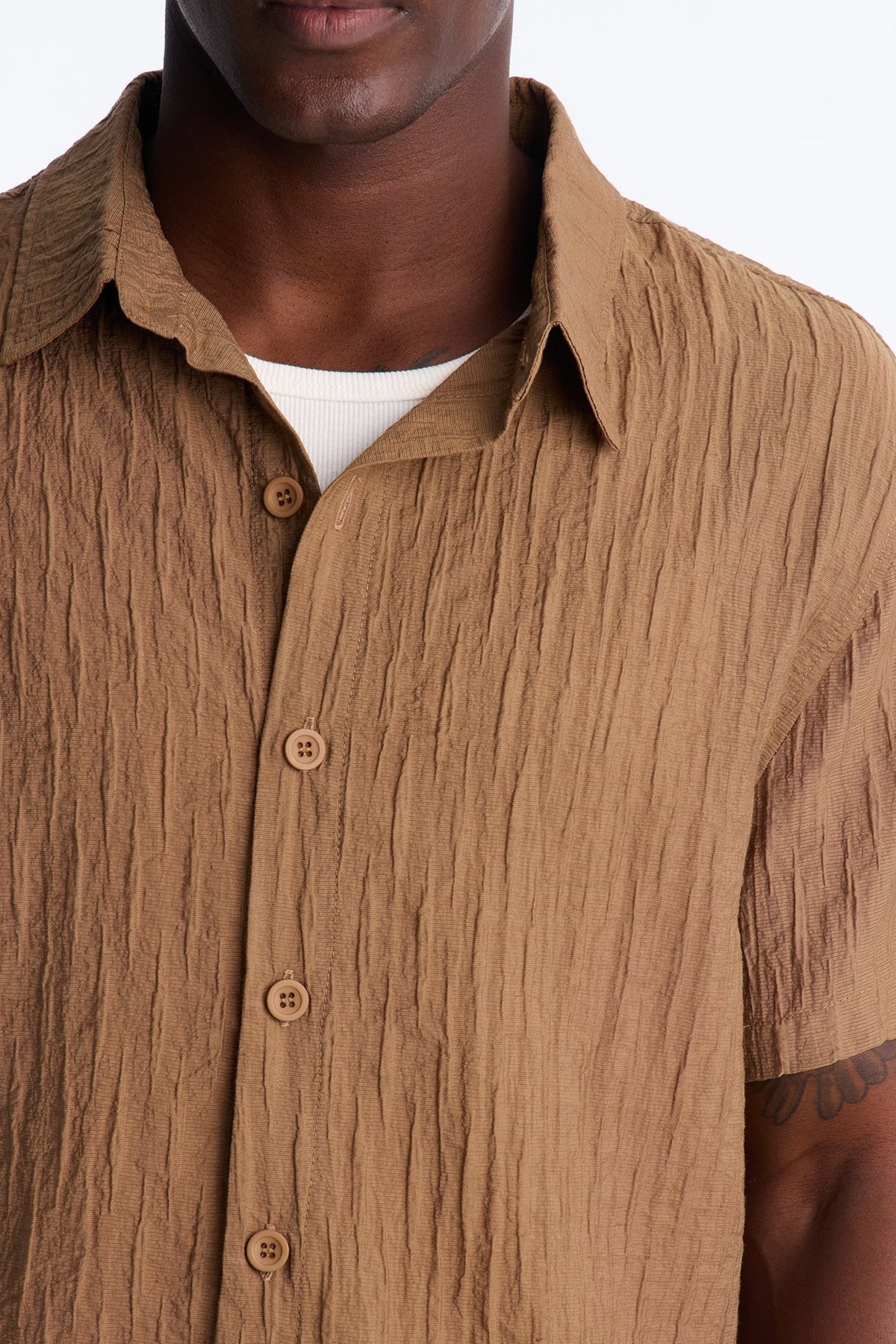 Crinkle Accordion Button Up Shirt - Brown