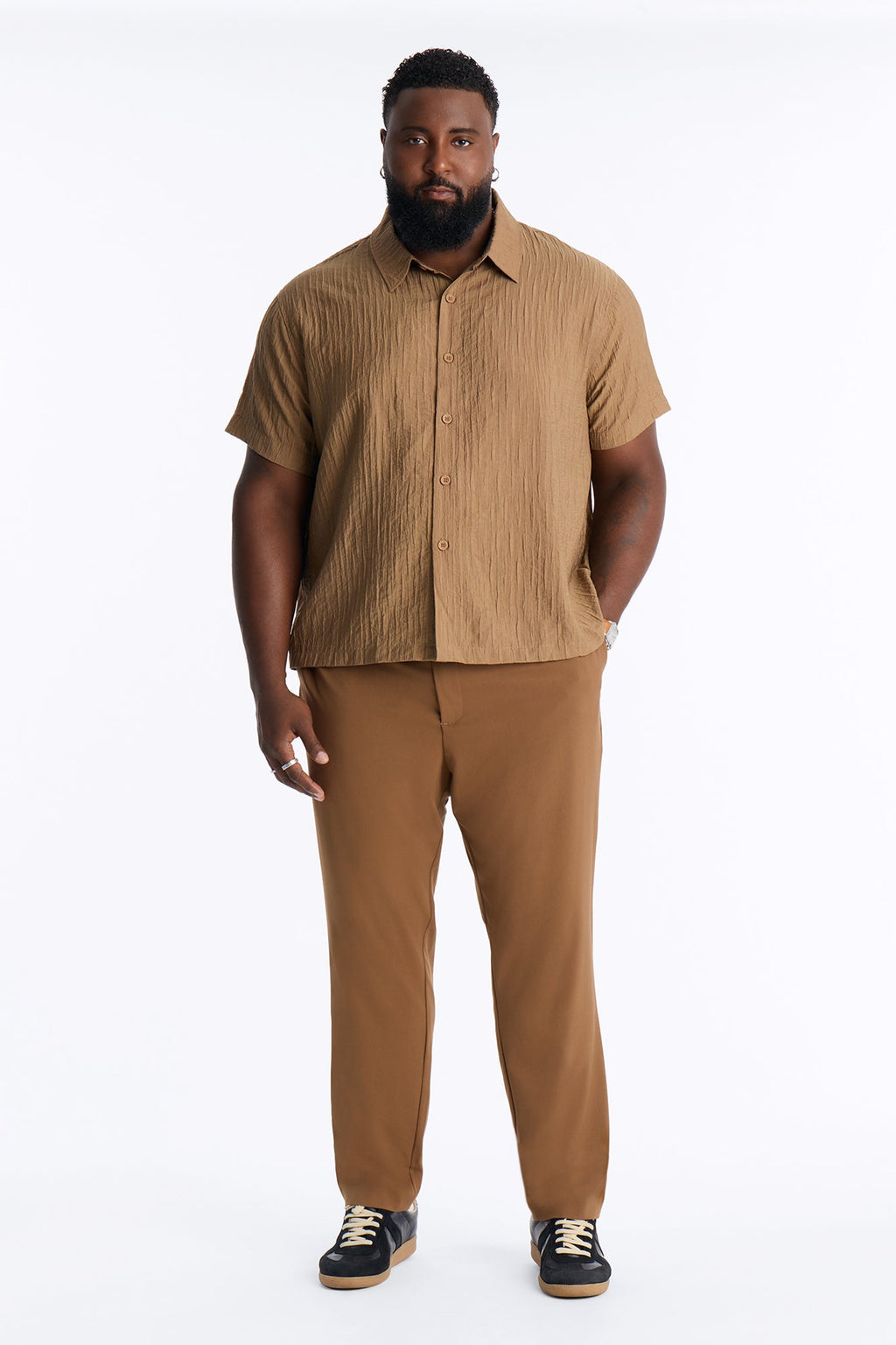 Crinkle Accordion Button Up Shirt - Brown