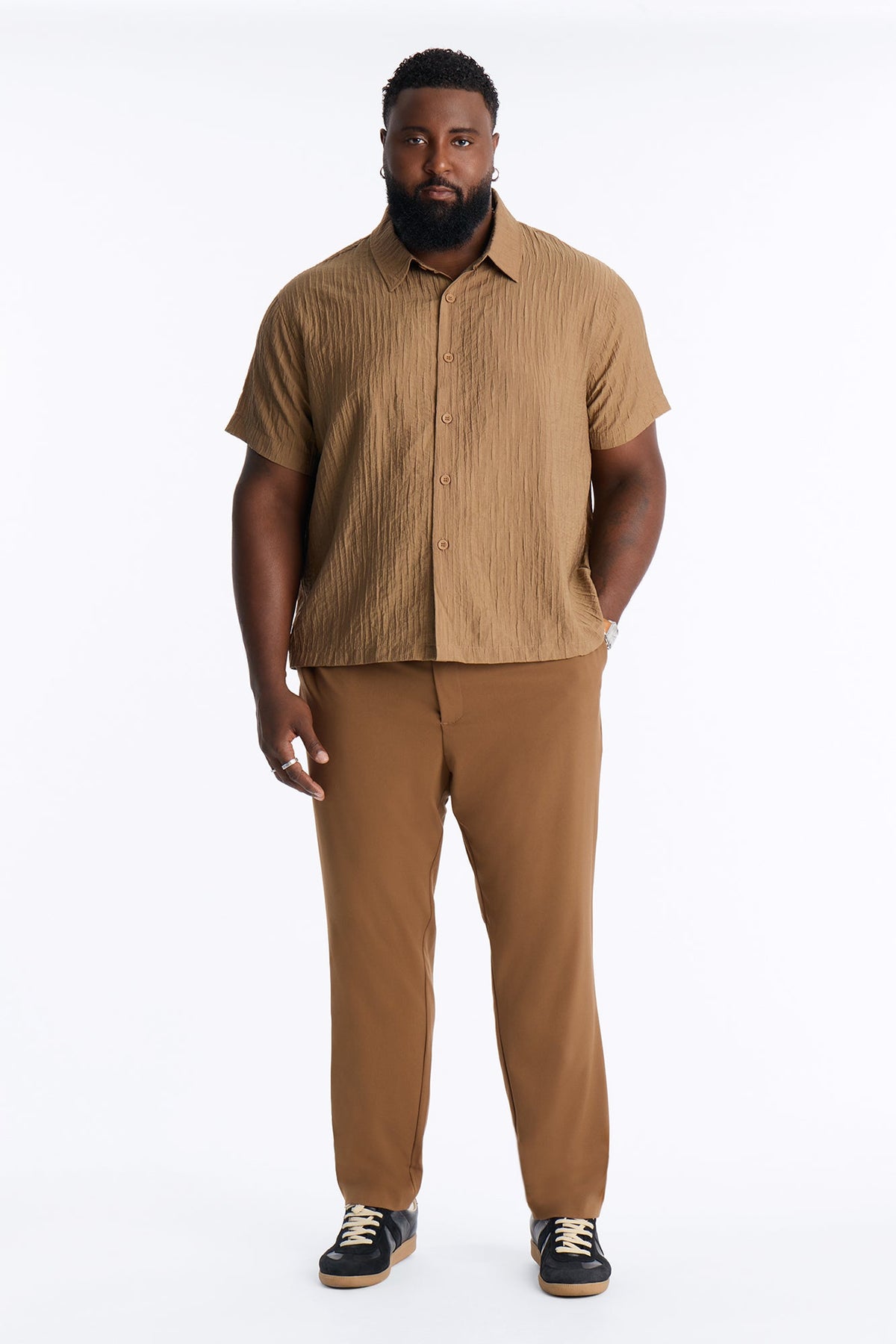 Crinkle Accordion Button Up Shirt - Brown