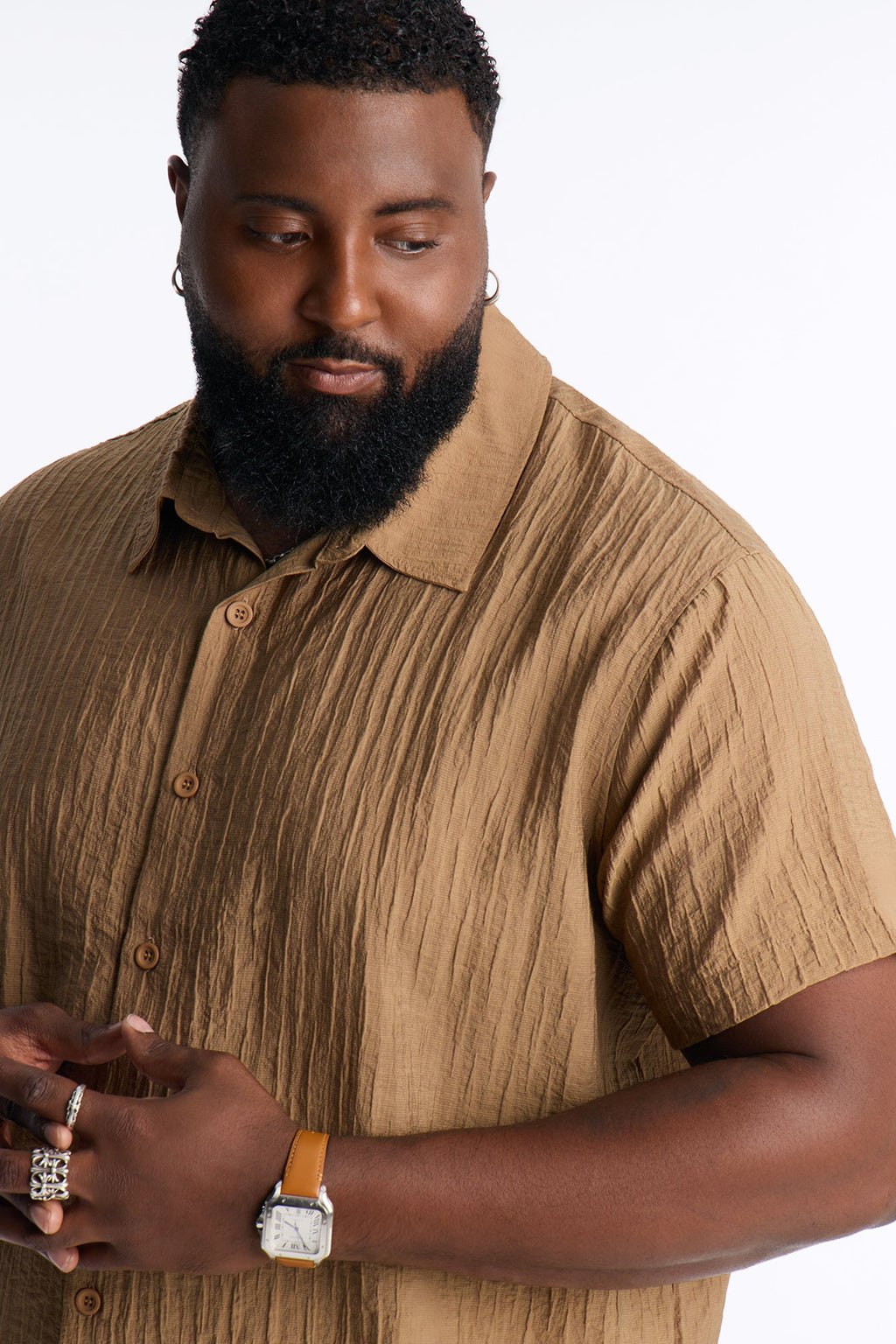Crinkle Accordion Button Up Shirt - Brown