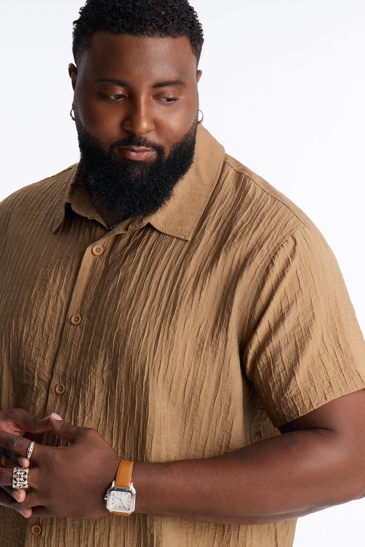 Crinkle Accordion Button Up Shirt - Brown