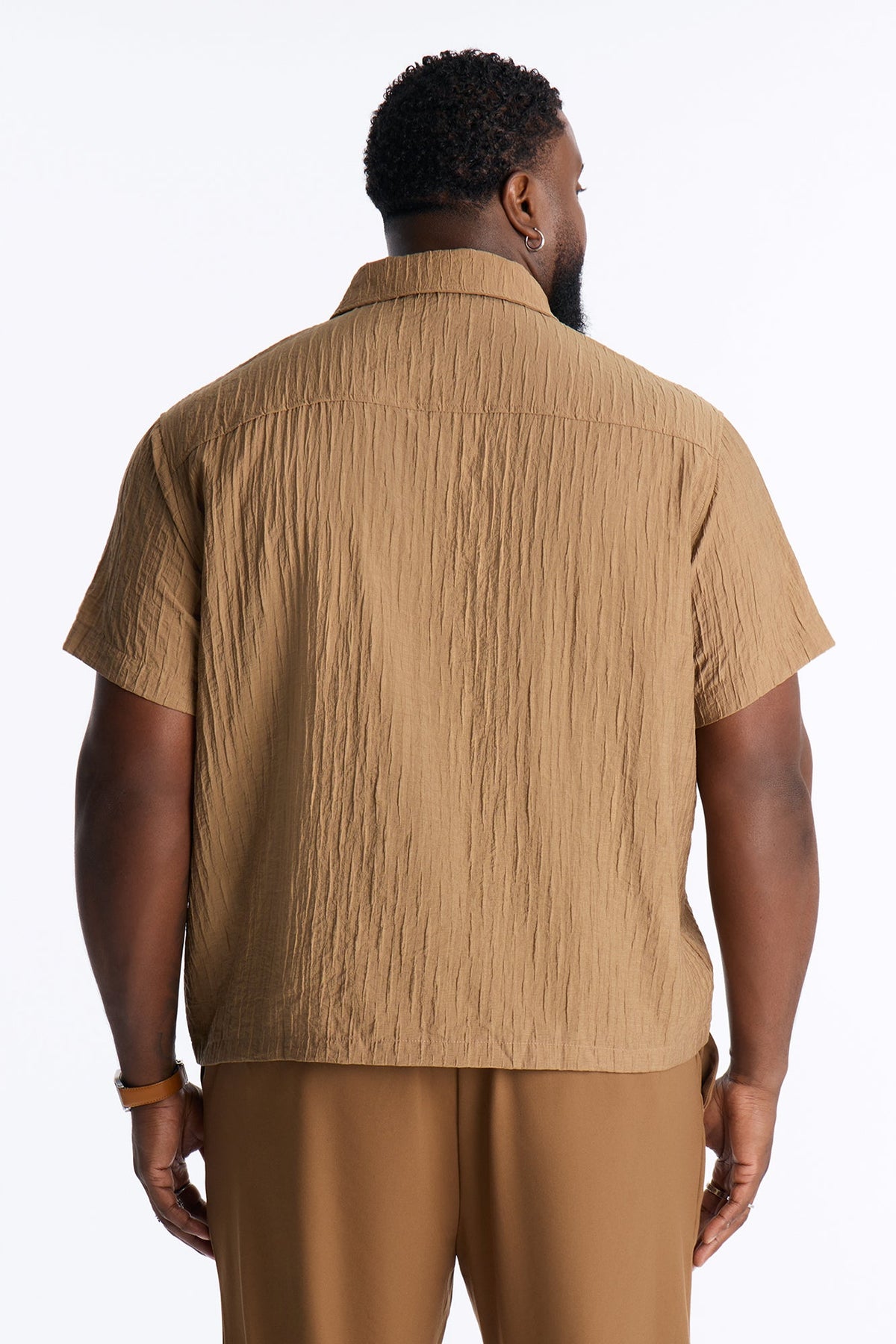 Crinkle Accordion Button Up Shirt - Brown