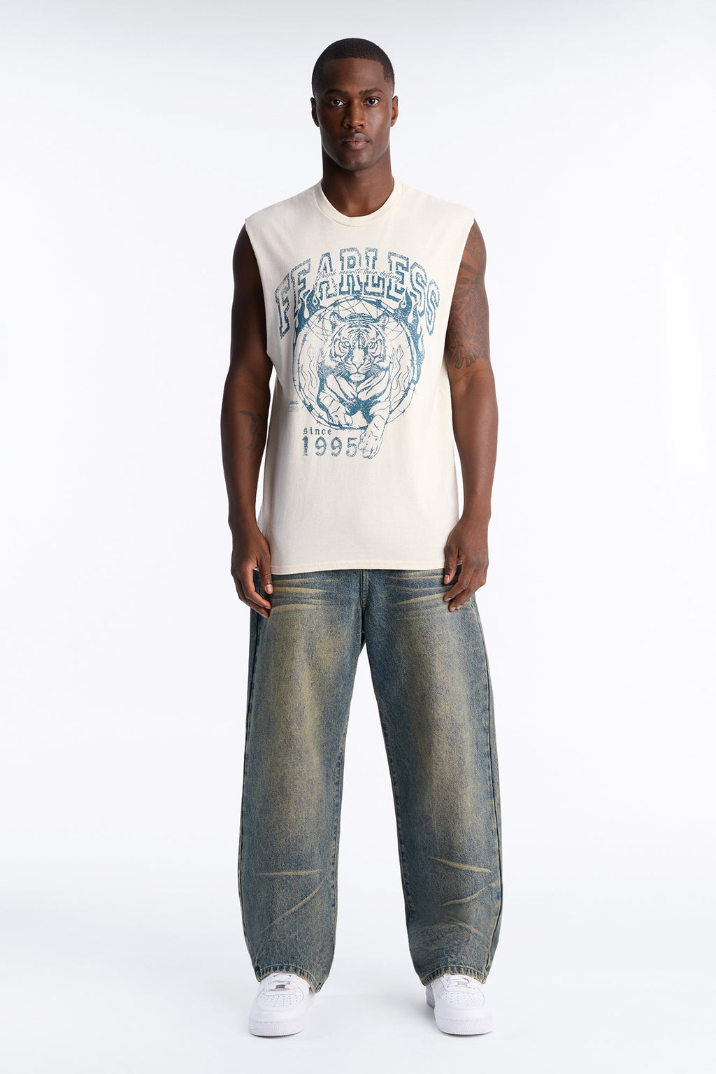 Fearless Tiger Oversized Muscle Tee - Natural