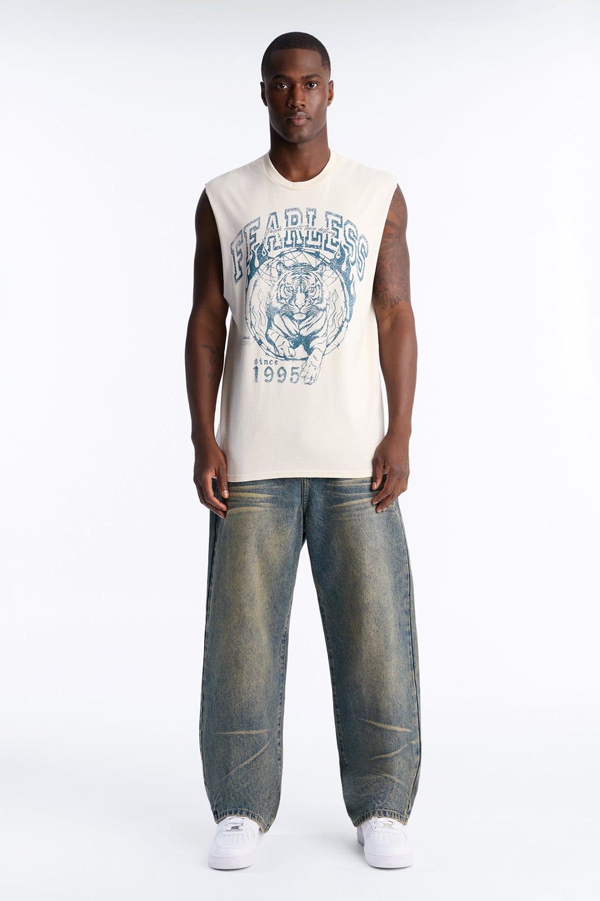Fearless Tiger Oversized Muscle Tee - Natural