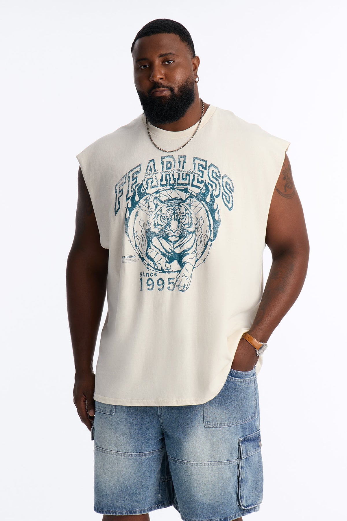 Fearless Tiger Oversized Muscle Tee - Natural