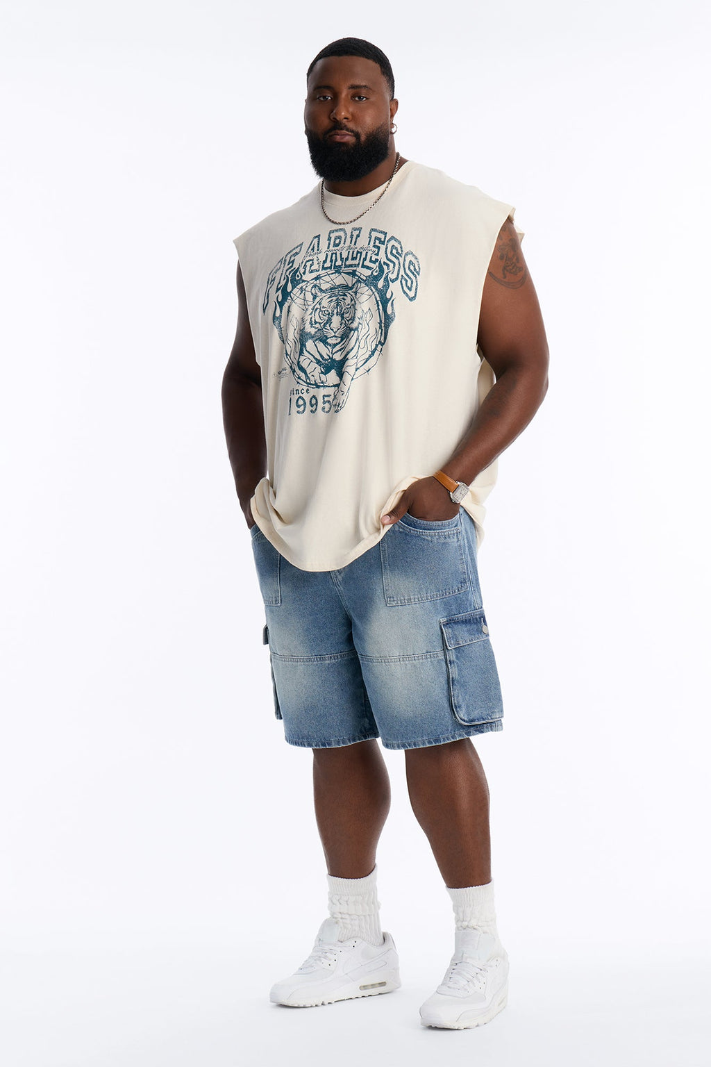 Fearless Tiger Oversized Muscle Tee - Natural