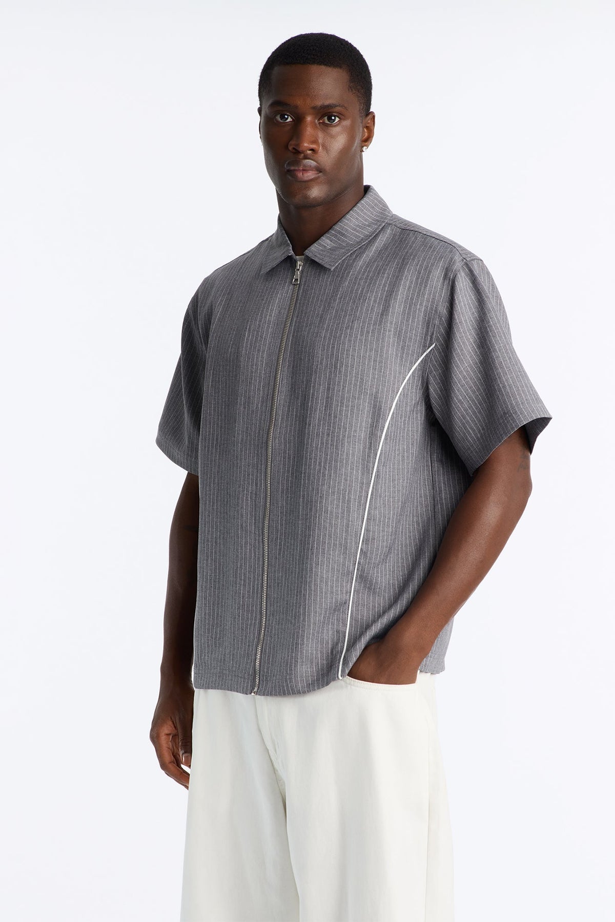 Relaxed Collegiate Pinstripe Zip Up Shirt - Grey/combo