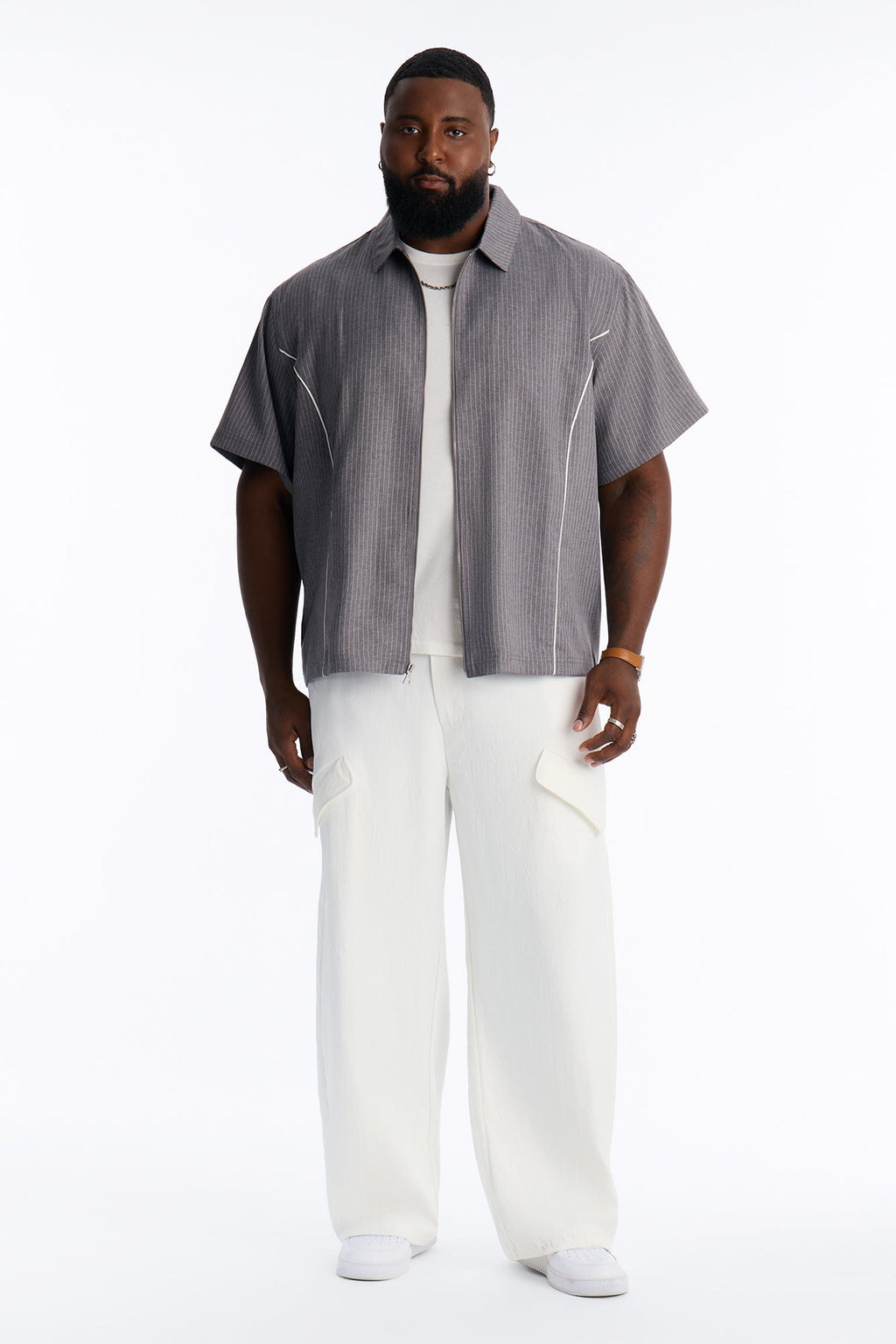 Relaxed Collegiate Pinstripe Zip Up Shirt - Grey/combo